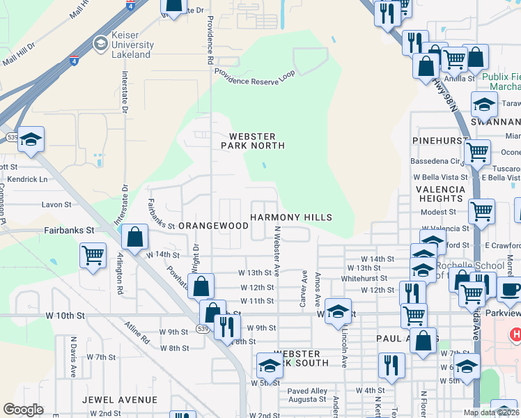 map of restaurants, bars, coffee shops, grocery stores, and more near 1740 Bush Ave in Lakeland