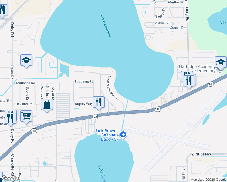 map of restaurants, bars, coffee shops, grocery stores, and more near 4076 Lake Marianna Drive in Winter Haven