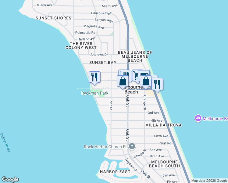 map of restaurants, bars, coffee shops, grocery stores, and more near 419 Ocean Avenue in Melbourne Beach