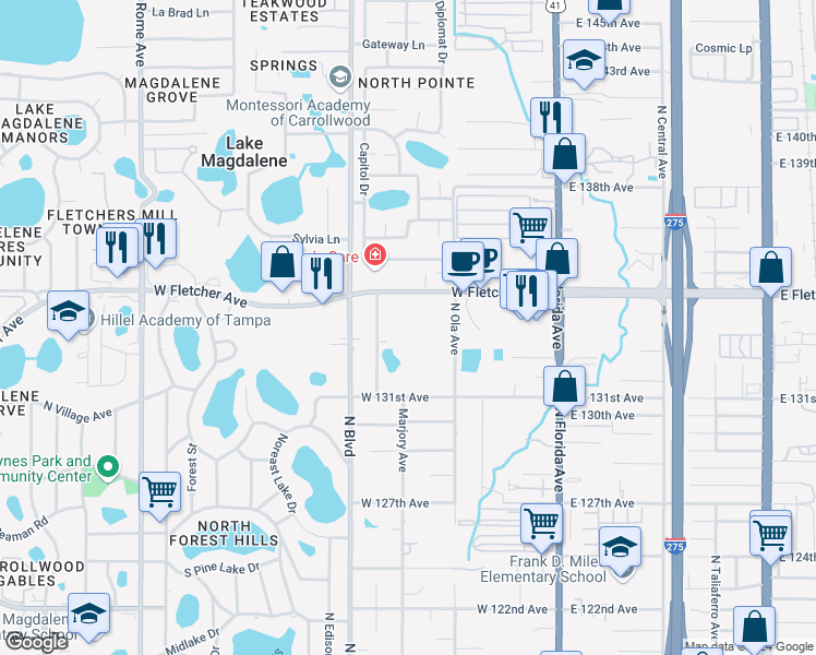 map of restaurants, bars, coffee shops, grocery stores, and more near 518 West Fletcher Avenue in Tampa