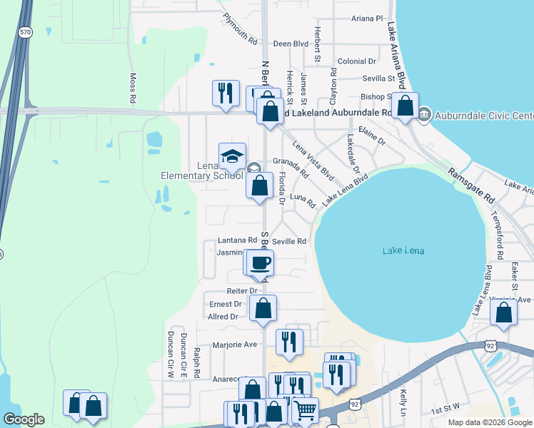 map of restaurants, bars, coffee shops, grocery stores, and more near 806 Berkley Road in Auburndale