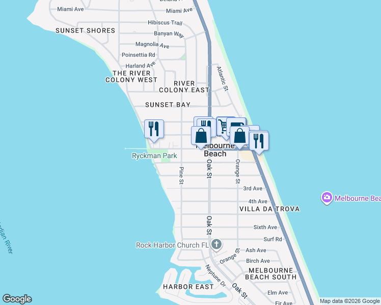 map of restaurants, bars, coffee shops, grocery stores, and more near 413 Ocean Avenue in Melbourne Beach