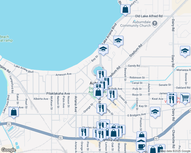 map of restaurants, bars, coffee shops, grocery stores, and more near 11400 Lake Stella Drive in Auburndale