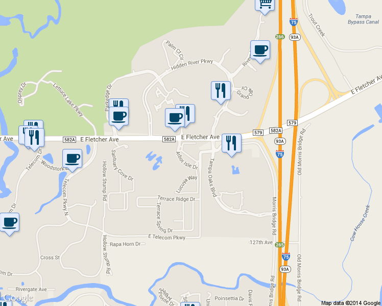 map of restaurants, bars, coffee shops, grocery stores, and more near 8513 Island Breeze Lane in Temple Terrace