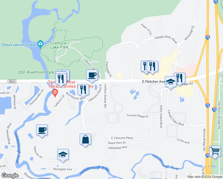map of restaurants, bars, coffee shops, grocery stores, and more near 13243 Sanctuary Cove Drive in Temple Terrace