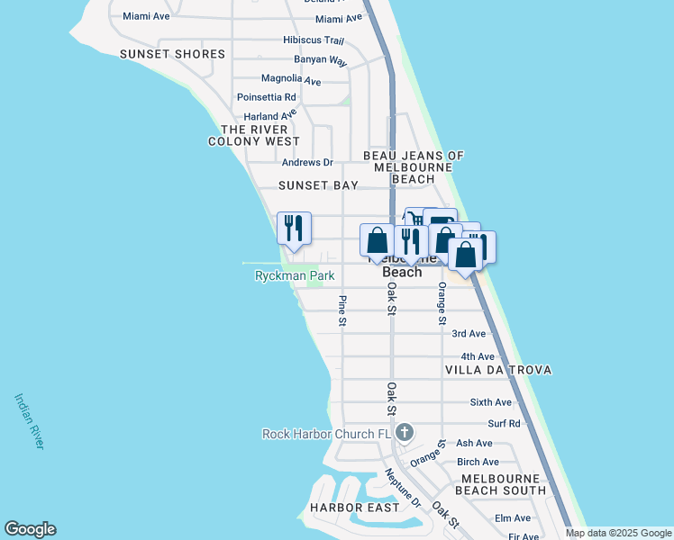 map of restaurants, bars, coffee shops, grocery stores, and more near 501 Ocean Avenue in Melbourne Beach