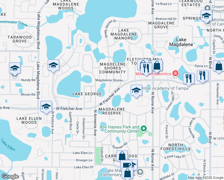 map of restaurants, bars, coffee shops, grocery stores, and more near 2316 Fletchers Point Circle in Tampa