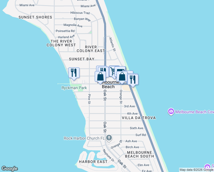 map of restaurants, bars, coffee shops, grocery stores, and more near 321 Ocean Avenue in Melbourne Beach