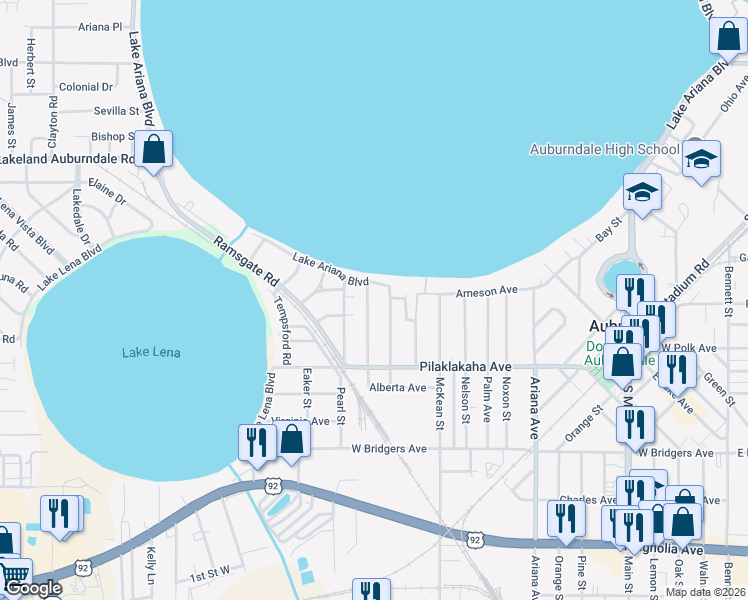 map of restaurants, bars, coffee shops, grocery stores, and more near 107 Hawthorne Road in Auburndale