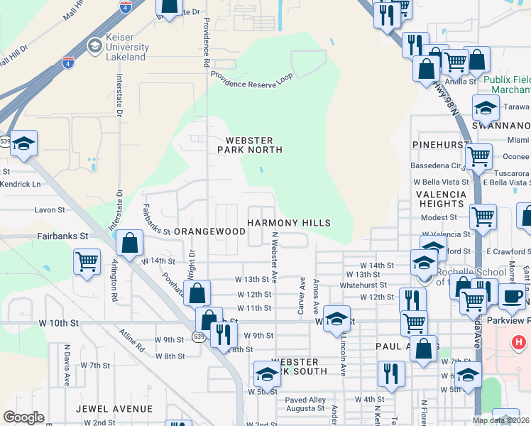 map of restaurants, bars, coffee shops, grocery stores, and more near 1741 Bush Avenue in Lakeland
