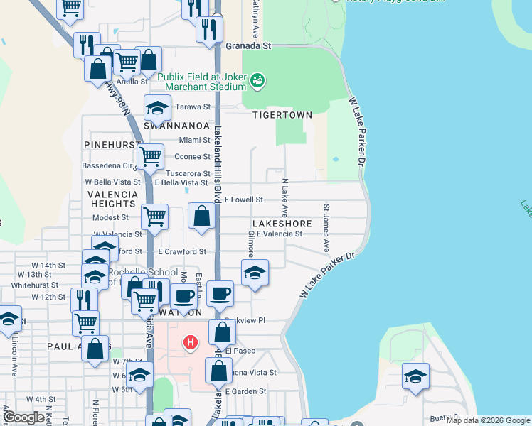 map of restaurants, bars, coffee shops, grocery stores, and more near 708 Lakehurst Street in Lakeland