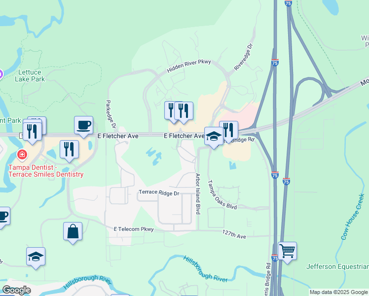 map of restaurants, bars, coffee shops, grocery stores, and more near 12914 Arbor Isle Drive in Tampa