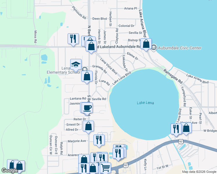 map of restaurants, bars, coffee shops, grocery stores, and more near 602 Lake Lena Boulevard in Auburndale