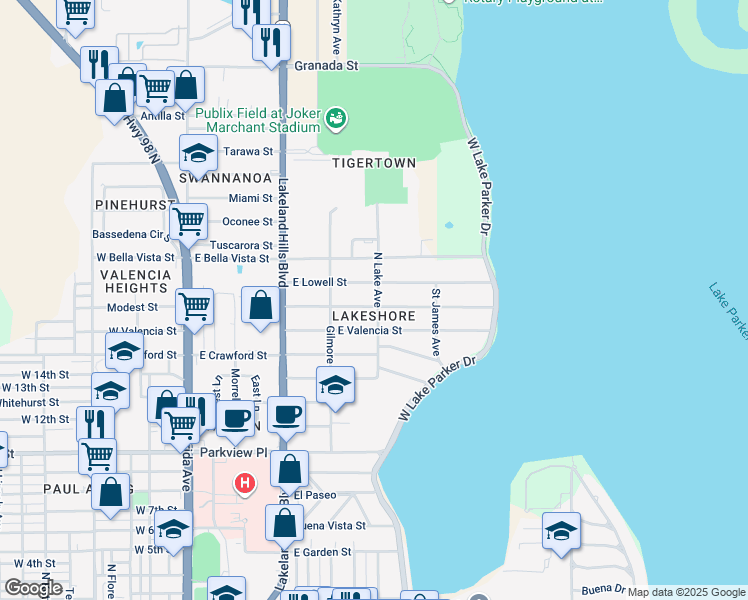map of restaurants, bars, coffee shops, grocery stores, and more near 748 Lakehurst Street in Lakeland