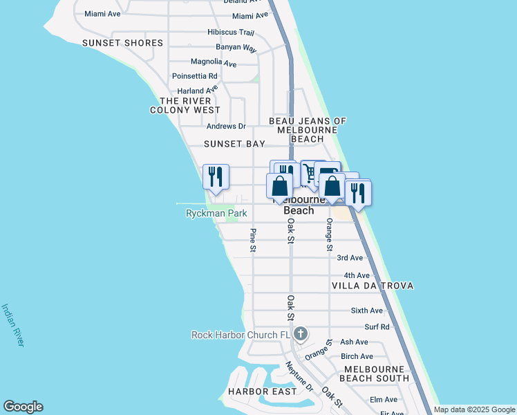 map of restaurants, bars, coffee shops, grocery stores, and more near 419 Ocean Avenue in Melbourne Beach