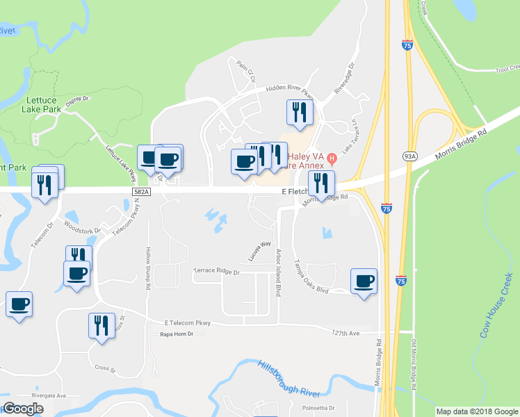 map of restaurants, bars, coffee shops, grocery stores, and more near 8513 Island Breeze Lane in Temple Terrace