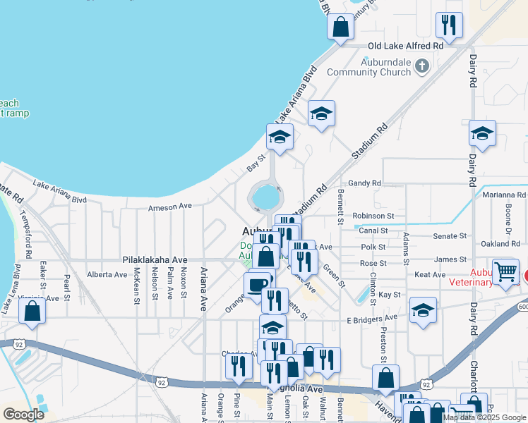 map of restaurants, bars, coffee shops, grocery stores, and more near 11400 Lake Stella Drive in Auburndale