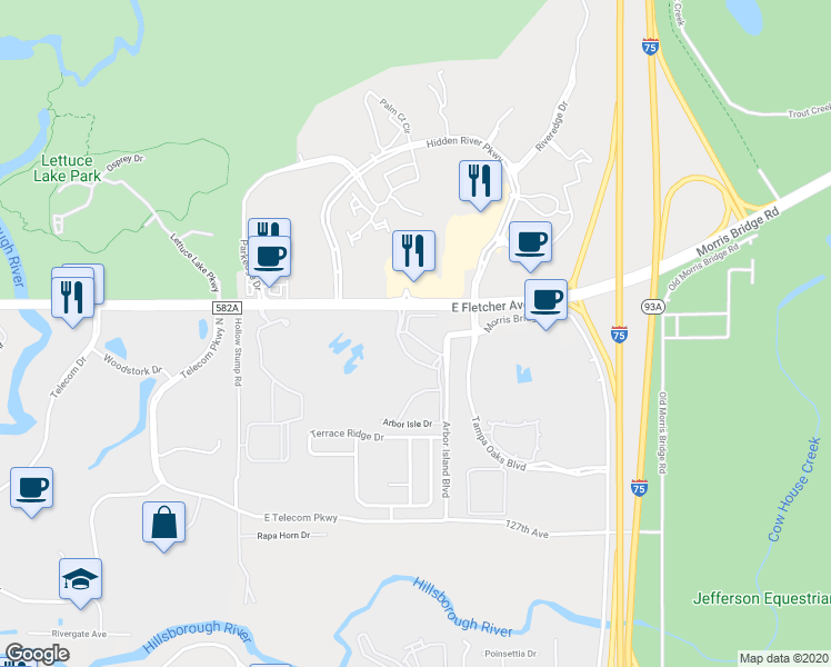 map of restaurants, bars, coffee shops, grocery stores, and more near 13010 Arbor Isle Drive in Tampa