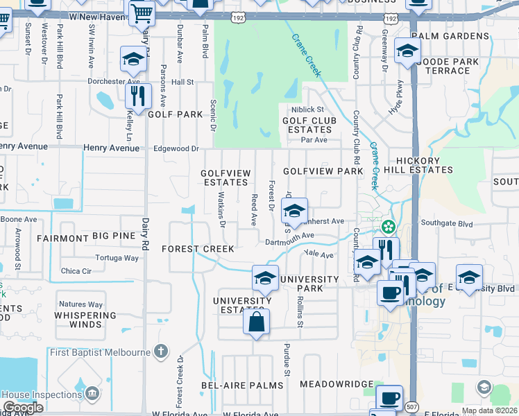 map of restaurants, bars, coffee shops, grocery stores, and more near 2629 Reed Avenue in Melbourne