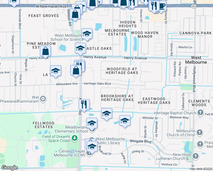 map of restaurants, bars, coffee shops, grocery stores, and more near 1620 Brookshire Circle in Melbourne
