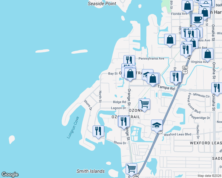 map of restaurants, bars, coffee shops, grocery stores, and more near 259 Banana Road in Palm Harbor