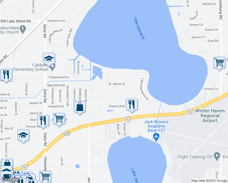 map of restaurants, bars, coffee shops, grocery stores, and more near 4911 Saint James Drive in Winter Haven