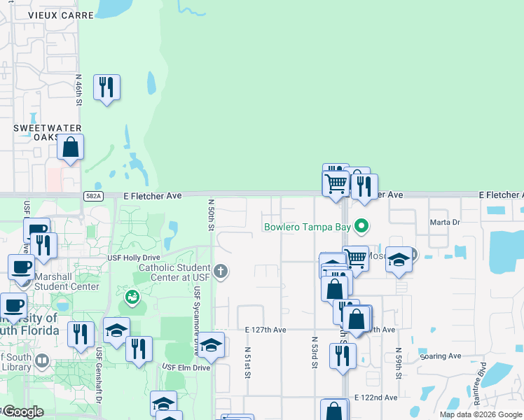 map of restaurants, bars, coffee shops, grocery stores, and more near 13430 South Village Circle in Tampa