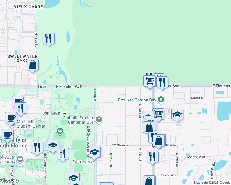 map of restaurants, bars, coffee shops, grocery stores, and more near 13430 South Village Circle in Tampa