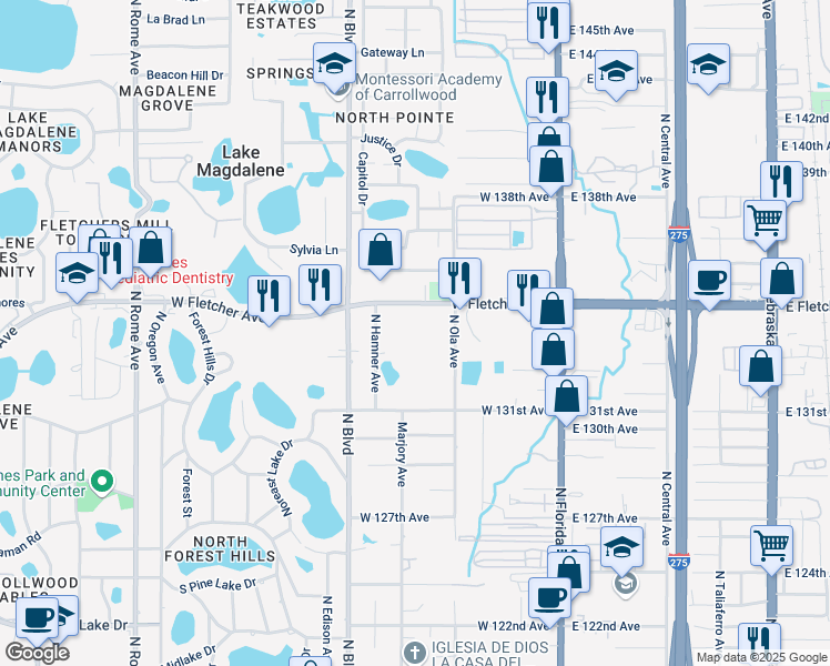 map of restaurants, bars, coffee shops, grocery stores, and more near 518 West Fletcher Avenue in Tampa