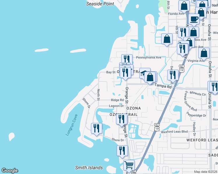 map of restaurants, bars, coffee shops, grocery stores, and more near 259 Banana Road in Palm Harbor