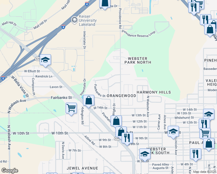 map of restaurants, bars, coffee shops, grocery stores, and more near 1699 Norman Drive in Lakeland