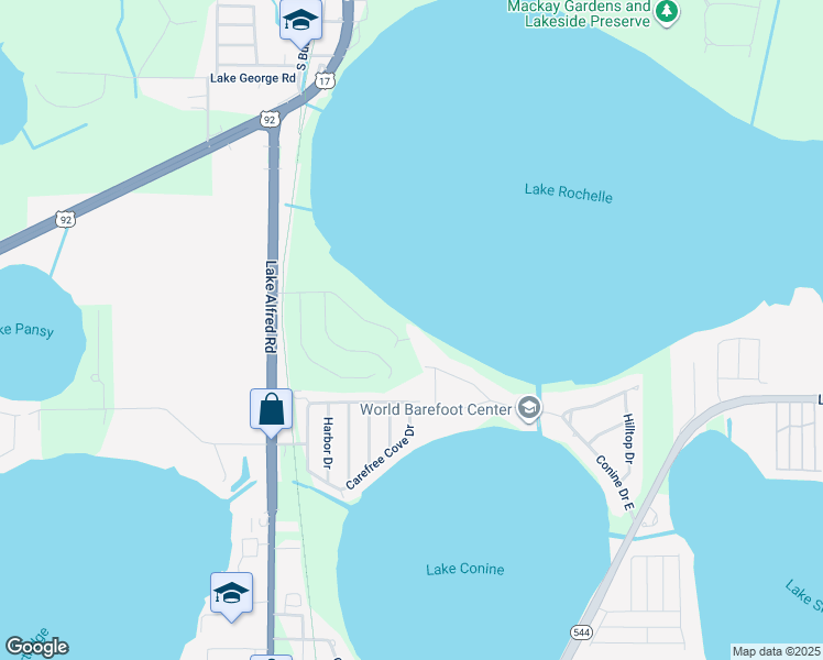 map of restaurants, bars, coffee shops, grocery stores, and more near 1032 Carefree Cove Drive in Winter Haven