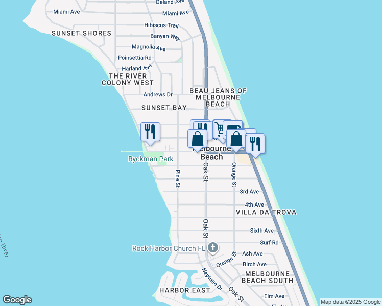 map of restaurants, bars, coffee shops, grocery stores, and more near 413 Ocean Avenue in Melbourne Beach