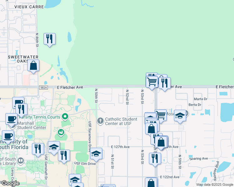 map of restaurants, bars, coffee shops, grocery stores, and more near 13430 South Village Circle in Tampa