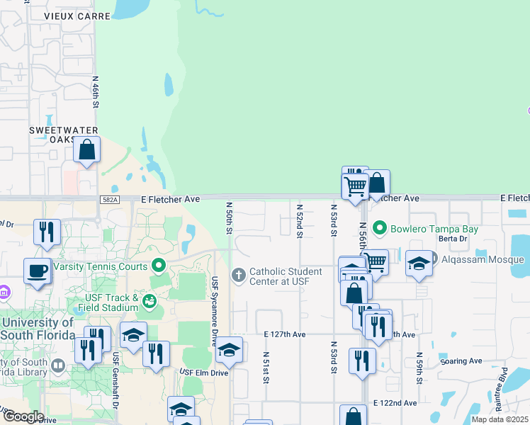 map of restaurants, bars, coffee shops, grocery stores, and more near 13430 South Village Circle in Tampa