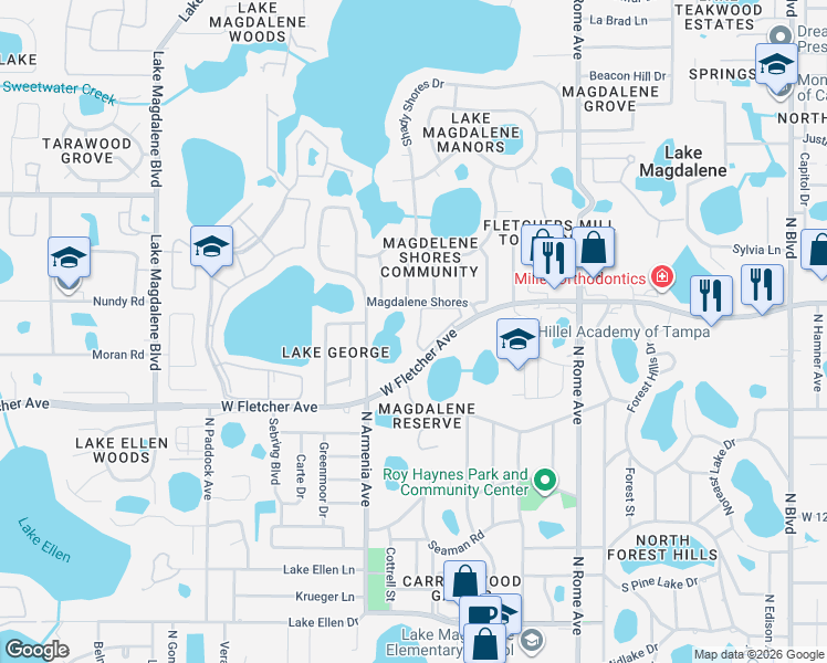 map of restaurants, bars, coffee shops, grocery stores, and more near 2304 Fletchers Point Circle in Tampa