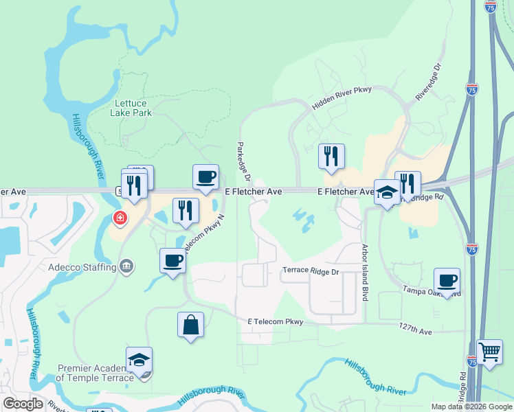 map of restaurants, bars, coffee shops, grocery stores, and more near 13243 Sanctuary Cove Drive in Temple Terrace