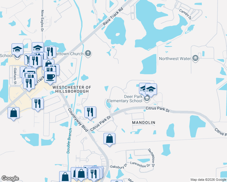 map of restaurants, bars, coffee shops, grocery stores, and more near 11325 Minaret Drive in Tampa