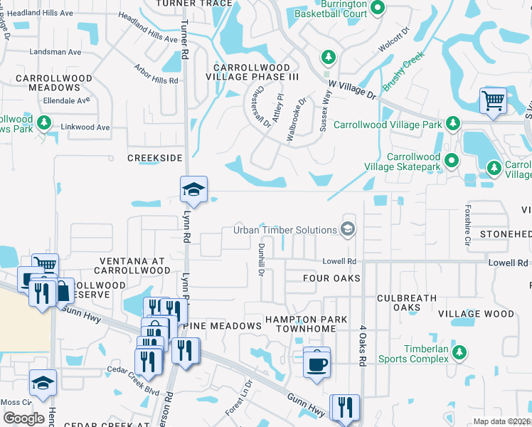 map of restaurants, bars, coffee shops, grocery stores, and more near 12824 Dunhill Drive in Tampa