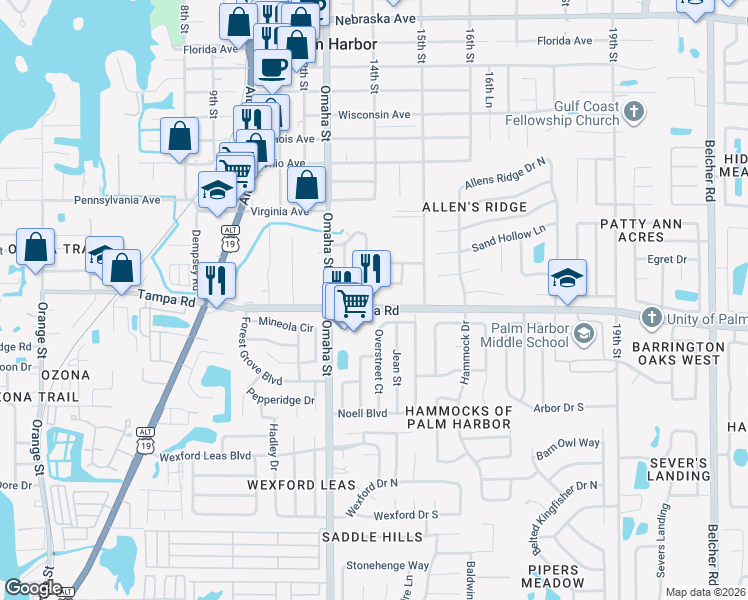 map of restaurants, bars, coffee shops, grocery stores, and more near 1338 Normandy Circle South in Palm Harbor