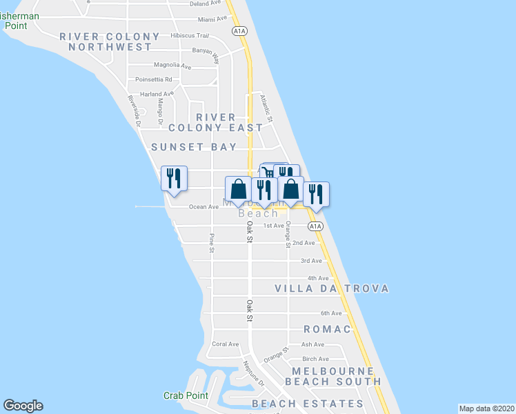 map of restaurants, bars, coffee shops, grocery stores, and more near 398 Ocean Avenue in Melbourne Beach
