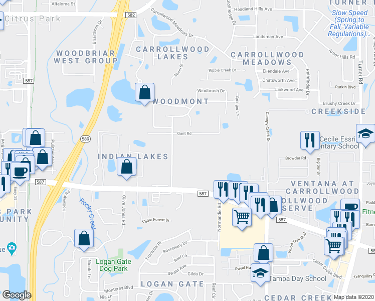 map of restaurants, bars, coffee shops, grocery stores, and more near 15004 Shaw Road in Tampa
