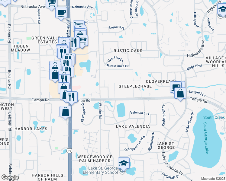 map of restaurants, bars, coffee shops, grocery stores, and more near 205 Somerset Lane in Palm Harbor