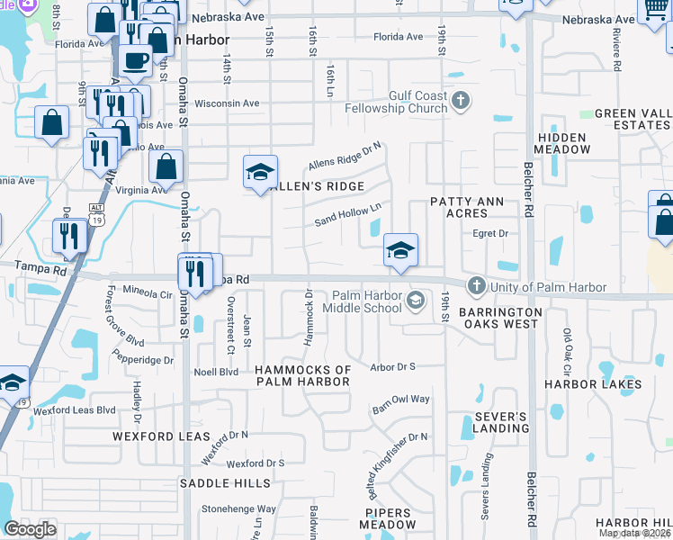 map of restaurants, bars, coffee shops, grocery stores, and more near 137 Arbor Drive West in Palm Harbor