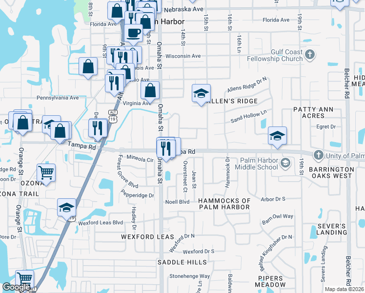 map of restaurants, bars, coffee shops, grocery stores, and more near 1338 Normandy Circle South in Palm Harbor