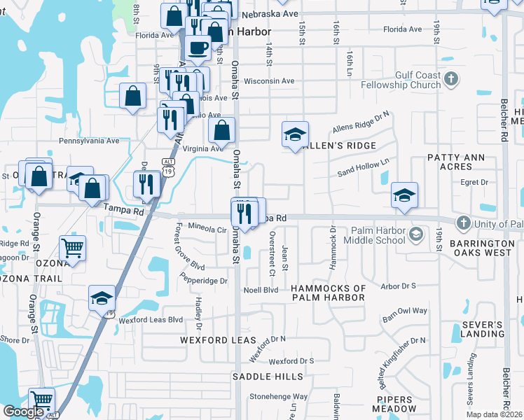 map of restaurants, bars, coffee shops, grocery stores, and more near 1338 Normandy Circle South in Palm Harbor