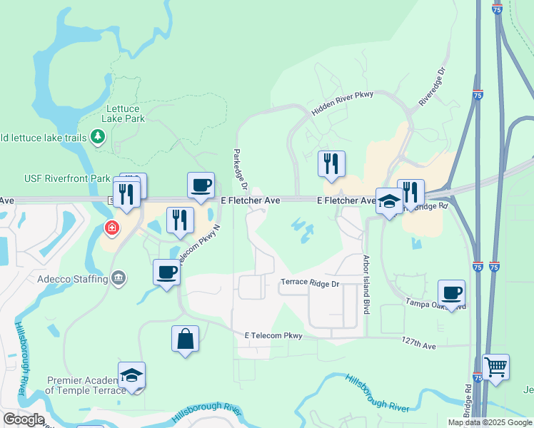 map of restaurants, bars, coffee shops, grocery stores, and more near 12855 Sanctuary Cove Drive in Tampa