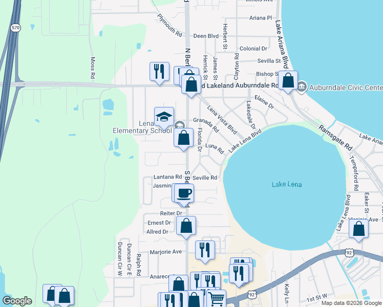 map of restaurants, bars, coffee shops, grocery stores, and more near 806 Berkley Road in Auburndale