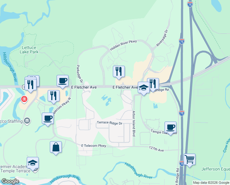 map of restaurants, bars, coffee shops, grocery stores, and more near 13400 Arbor Isle Drive in Temple Terrace