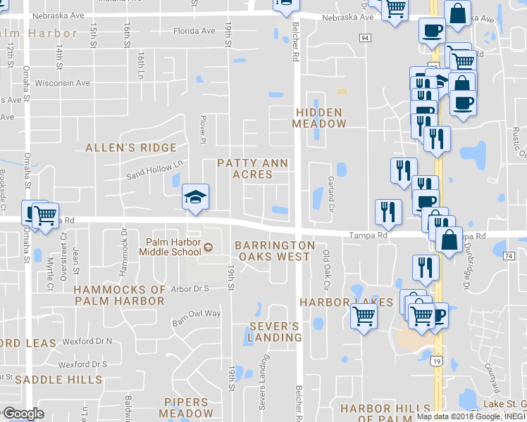 map of restaurants, bars, coffee shops, grocery stores, and more near 135 Patty Ann Boulevard in Palm Harbor